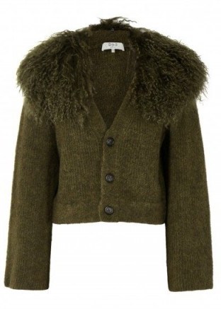 SEA NY Army green shearling-trimmed cardigan ~ cropped cardigans with shaggy collars - flipped