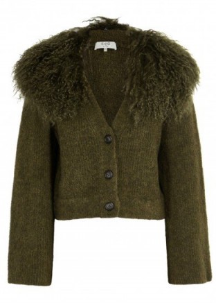 SEA NY Army green shearling-trimmed cardigan ~ cropped cardigans with shaggy collars