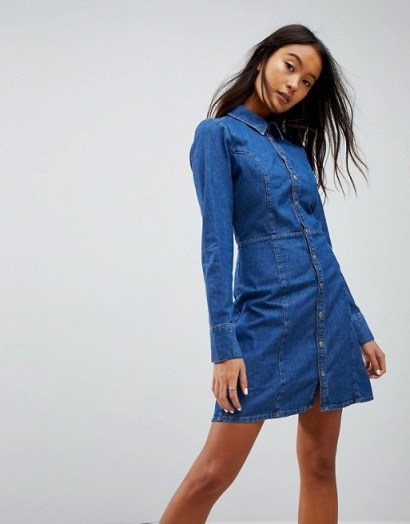 ASOS Denim Fitted Shirt Dress In Midwash Blue | casual blue dresses - flipped