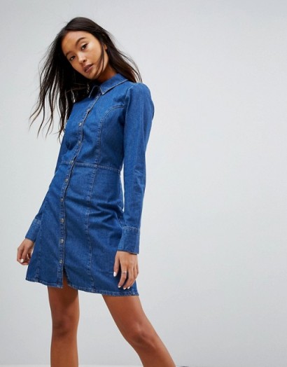 ASOS Denim Fitted Shirt Dress In Midwash Blue | casual blue dresses