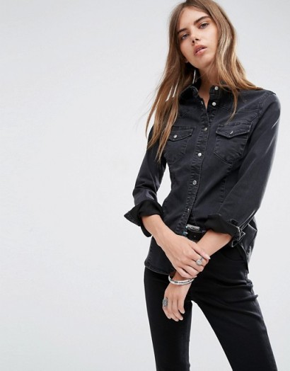 ASOS Denim Fitted Western Shirt in Washed Black / black denim shirts