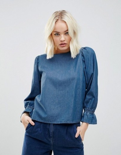 ASOS Denim Flounce Smock Top in Midwash Blue | puff sleeved tops - flipped
