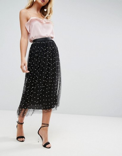 ASOS Faux Pearl Embellished Fully Lined Tulle Midaxi Skirt / sheer overlay skirts