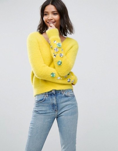 ASOS Jumper in Fluffy Yarn with Embellished Sleeves | yellow V-neck jumpers | knitwear - flipped
