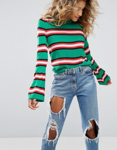 ASOS Jumper In Stripe With Fluted Sleeve | green striped wide cuff jumpers - flipped