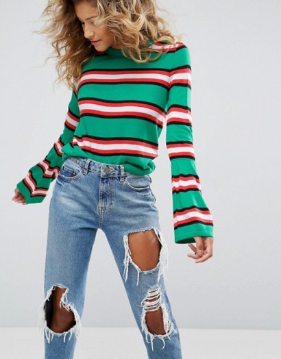 ASOS Jumper In Stripe With Fluted Sleeve | green striped wide cuff jumpers
