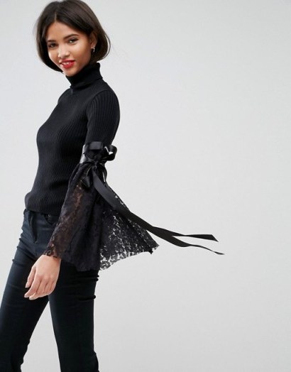ASOS Jumper with High Neck and Lace Flare Sleeves | black flared sleeve jumpers | on-trend knitwear - flipped