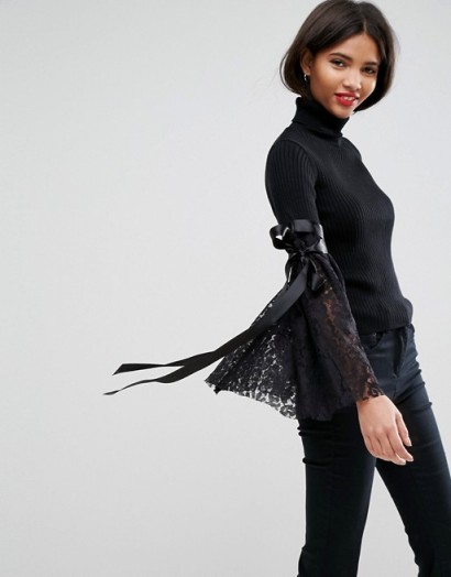 ASOS Jumper with High Neck and Lace Flare Sleeves | black flared sleeve jumpers | on-trend knitwear