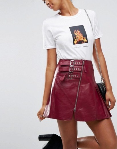 ASOS Leather Kilt Skirt with Buckle Detail | oxblood-red front zip skirts - flipped