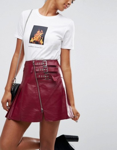ASOS Leather Kilt Skirt with Buckle Detail | oxblood-red front zip skirts
