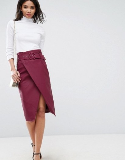 ASOS Leather Look Midi Pencil Skirt with Belt Detail | burgundy-red wrap skirts - flipped