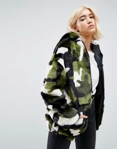 ASOS Oversized Hooded Jacket in Camo Faux Fur | fluffy camouflage jackets - flipped