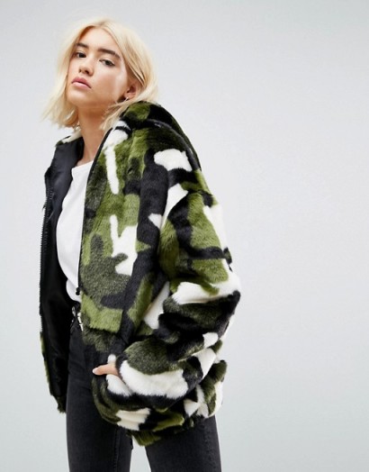 ASOS Oversized Hooded Jacket in Camo Faux Fur | fluffy camouflage jackets