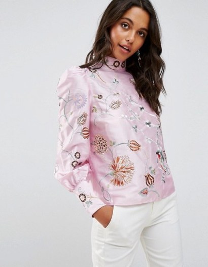 ASOS Premium Embroidered Top with Exaggerated Sleeve | pink high neck puff sleeved tops | luxe style fashion - flipped