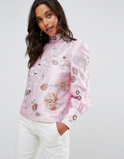 ASOS Premium Embroidered Top with Exaggerated Sleeve | pink high neck puff sleeved tops | luxe style fashion