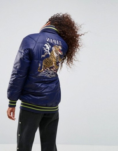 ASOS Puffer Coat with Sporty Rib and Tiger Embroidery | embroidered navy-blue padded winter jackets - flipped