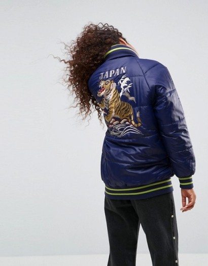 ASOS Puffer Coat with Sporty Rib and Tiger Embroidery | embroidered navy-blue padded winter jackets