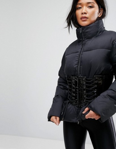 ASOS Puffer Jacket with Vinyl Corset | stylish black padded jackets
