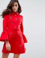ASOS Scuba Embellished A-Line Mini Dress – red flare sleeved party dresses