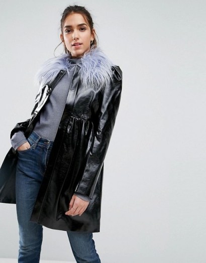 ASOS Skater Coat in Patent With Faux Fur Collar / black high shine coats - flipped