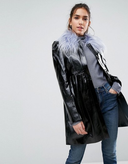ASOS Skater Coat in Patent With Faux Fur Collar / black high shine coats