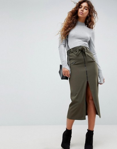 ASOS Tailored Pencil Skirt with Utility Styling and Zip Detail | straight front slit skirts