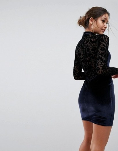ASOS Velvet & Lace Long Sleeve Bodycon Mini Dress – navy blue party dresses - flipped