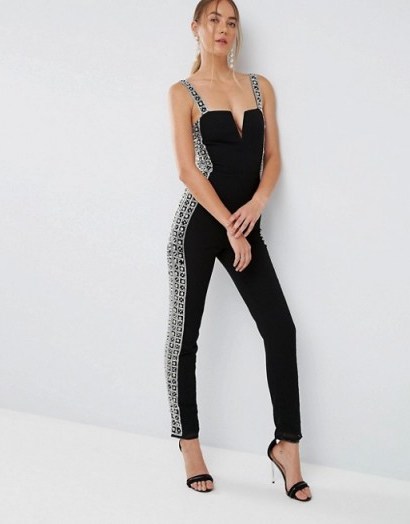 ASOS TALL EXCLUSIVE Embellished Side Jumpsuit | black strappy plunge front jumpsuits - flipped