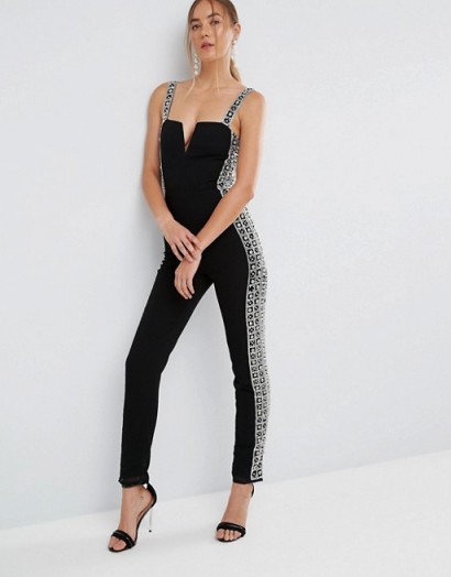 ASOS TALL EXCLUSIVE Embellished Side Jumpsuit | black strappy plunge front jumpsuits