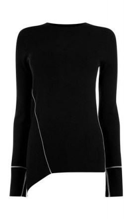 WAREHOUSE ASYMMETRIC PIPED SIDE JUMPER | black round neck uneven hem jumpers - flipped