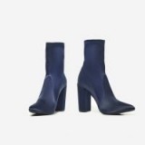 EGO Avery Block Heel Sock Boot In Navy Satin | blue silky ankle boots