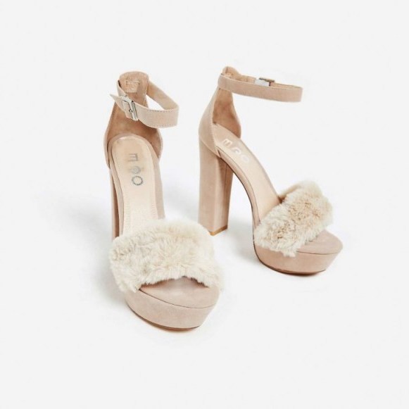 EGO Avril Faux Fur Platform Heel In Nude Faux Suede | furry luxe style platforms - flipped