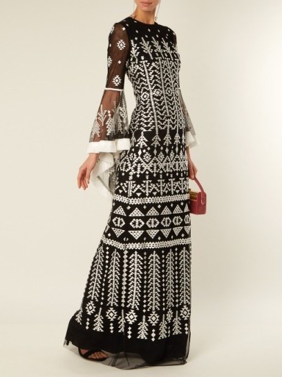 ANDREW GN Aztec-embroidered silk-blend gown ~ semi sheer black tulle gowns - flipped