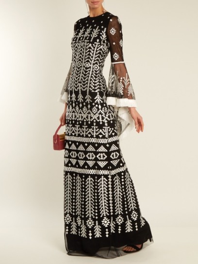 ANDREW GN Aztec-embroidered silk-blend gown ~ semi sheer black tulle gowns