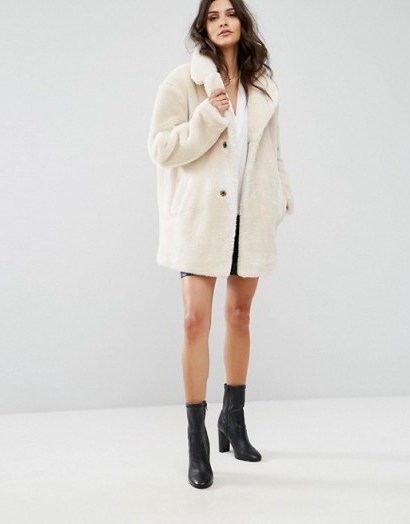 BA&SH Teddy Bear Faux Fur Coat | ecru winter coats | neutral outerwear - flipped