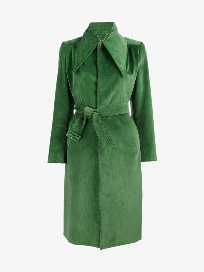 Balenciaga Green Corduroy Trench Coat – belted, oversized point collar cord coats - flipped