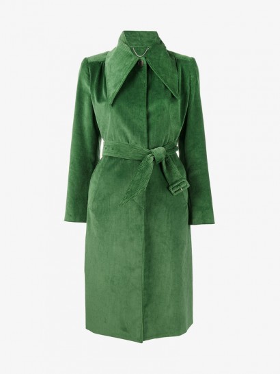 Balenciaga Green Corduroy Trench Coat – belted, oversized point collar cord coats