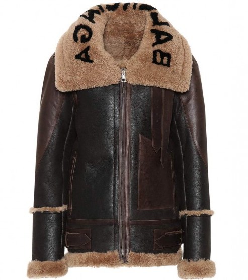 BALENCIAGA Shearling-lined logo print collar leather jacket / designer winter jackets - flipped