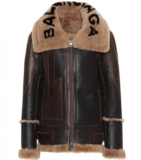BALENCIAGA Shearling-lined logo print collar leather jacket / designer winter jackets