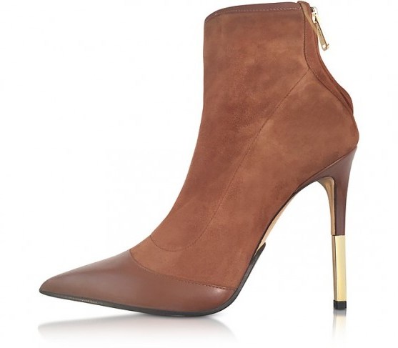 BALMAIN Blair Noisette Suede and Leather High Heel Booties – brown pointed toe ankle boots - flipped