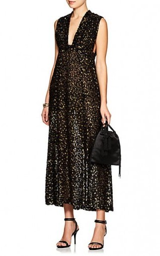 BARNEYS NEW YORK Leopard-Print Fil Coupé Maxi Dress ~ black and metallic-gold plunging dresses - flipped