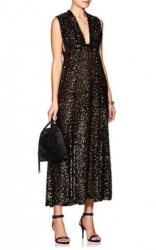 BARNEYS NEW YORK Leopard-Print Fil Coupé Maxi Dress ~ black and metallic-gold plunging dresses