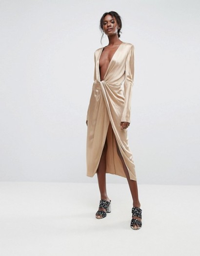 Bec & Bridge Plunge Neck Dress With Twist Front | gold front plunging evening dresses