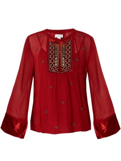 VELVET BY GRAHAM & SPENCER Becky embellished chiffon blouse ~ red boho blouses - flipped