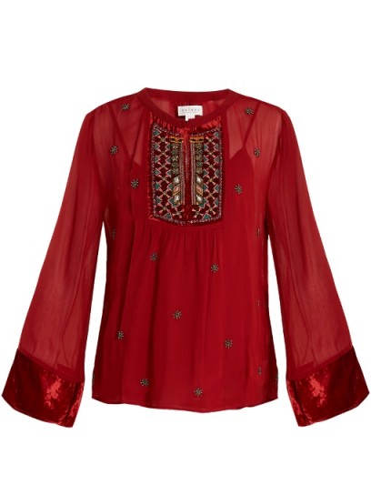 VELVET BY GRAHAM & SPENCER Becky embellished chiffon blouse ~ red boho blouses
