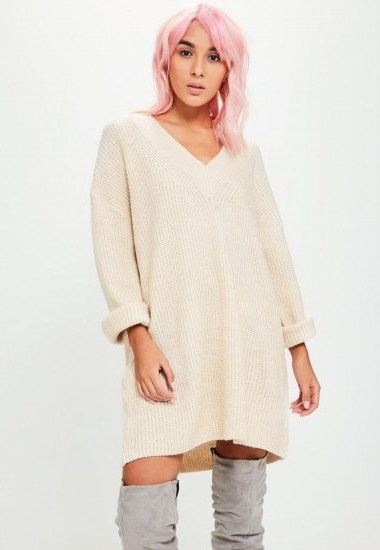 MISSGUIDED beige chunky ribbed v neck knitted dress | neutral oversized/slouch sweater dresses - flipped