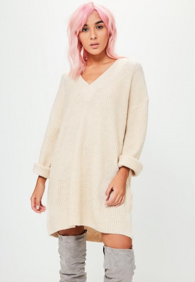MISSGUIDED beige chunky ribbed v neck knitted dress | neutral oversized/slouch sweater dresses