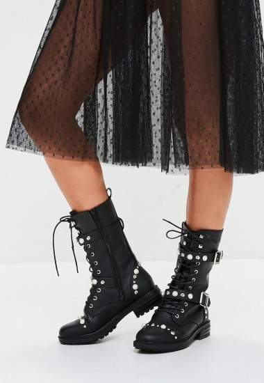 missguided black calf height pearl embellished military boots - flipped