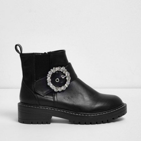 River Island Black diamante buckle chunky cleated boots ~ embellished chelsea boot - flipped