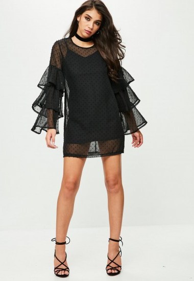 Missguided black dobby mesh shift dress – semi sheer ruffle sleeved party dresses - flipped